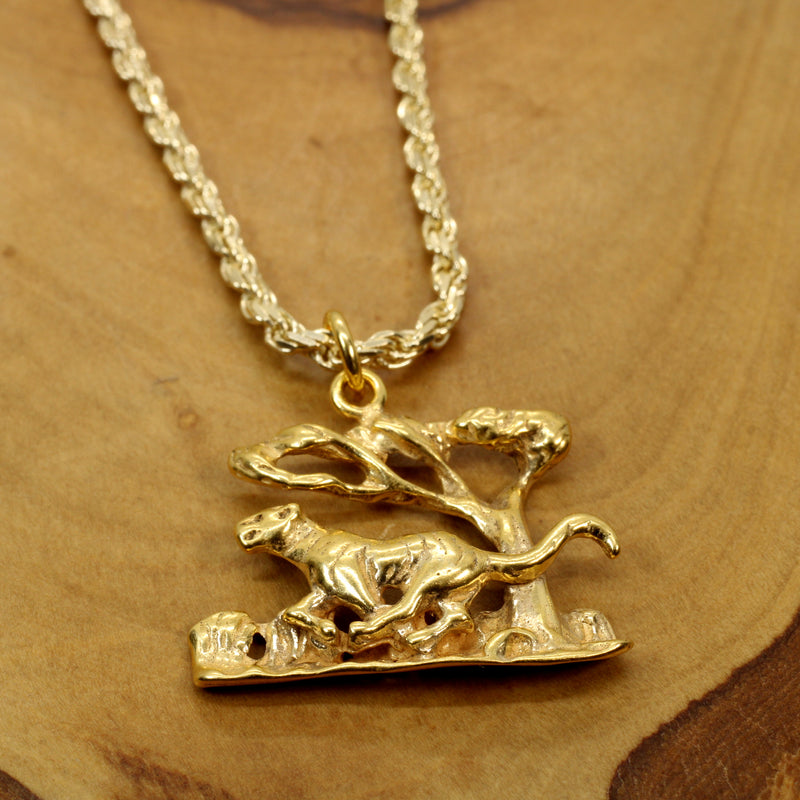 Gold Tiger Running in a Jungle Forest Scene made in 14kt Gold Vermeil