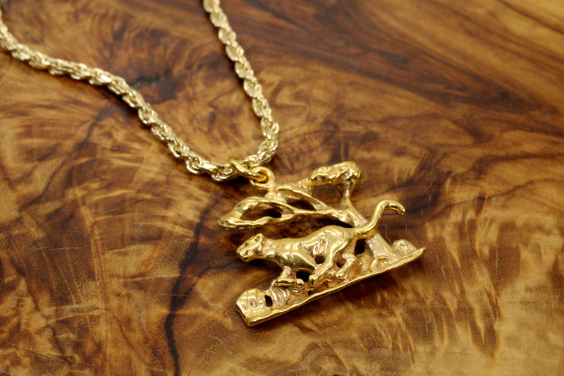 Gold Tiger Running in a Jungle Forest Scene made in 14kt Gold Vermeil
