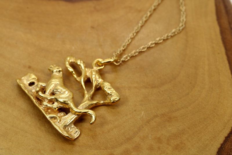 Gold Tiger Running in a Jungle Forest Scene made in 14kt Gold Vermeil