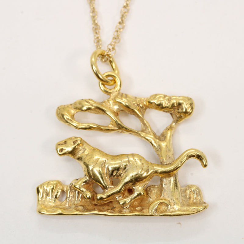 Gold Tiger Running in a Jungle Forest Scene made in 14kt Gold Vermeil