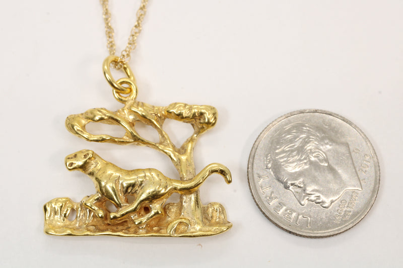 Gold Tiger Running in a Jungle Forest Scene made in 14kt Gold Vermeil
