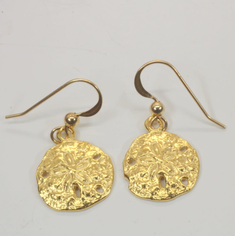 Gold Sand Dollar Dangle Earrings for her made in 14kt gold vermeil
