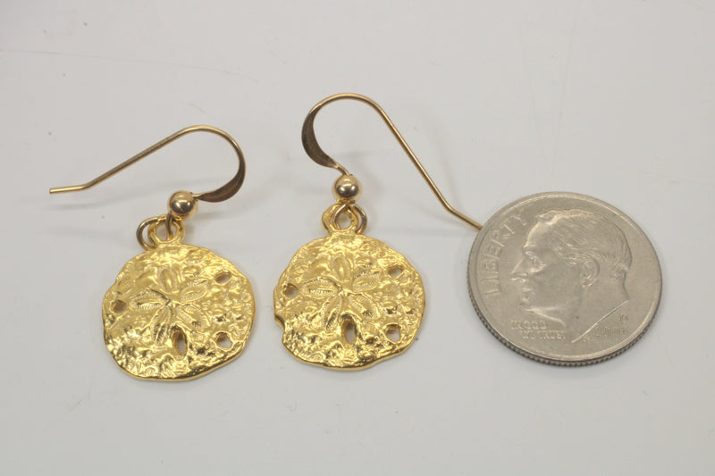 Gold Sand Dollar Dangle Earrings for her made in 14kt gold vermeil