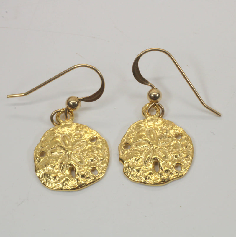 Gold Sand Dollar Dangle Earrings for her made in 14kt gold vermeil