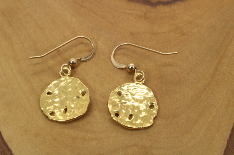 Gold Sand Dollar Dangle Earrings for her made in 14kt gold vermeil