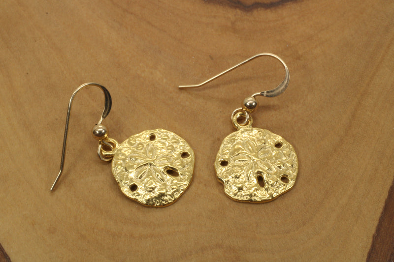 Gold Sand Dollar Dangle Earrings for her made in 14kt gold vermeil