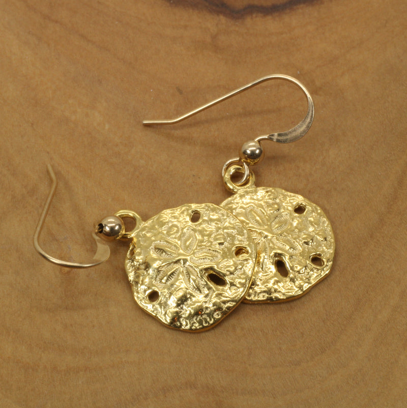 Gold Sand Dollar Dangle Earrings for her made in 14kt gold vermeil