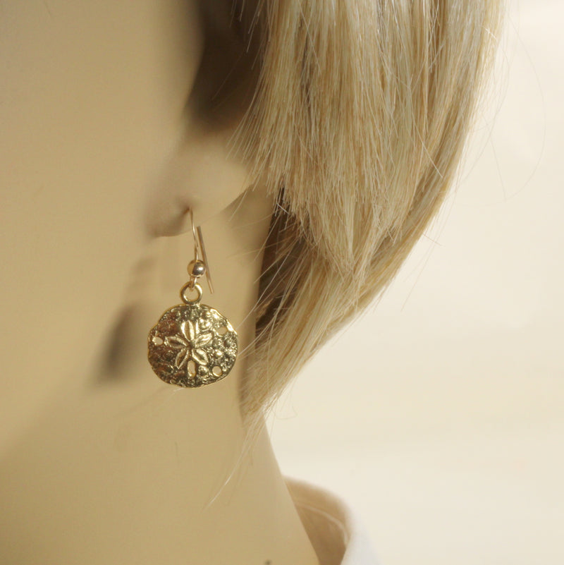Gold Sand Dollar Dangle Earrings for her made in 14kt gold vermeil