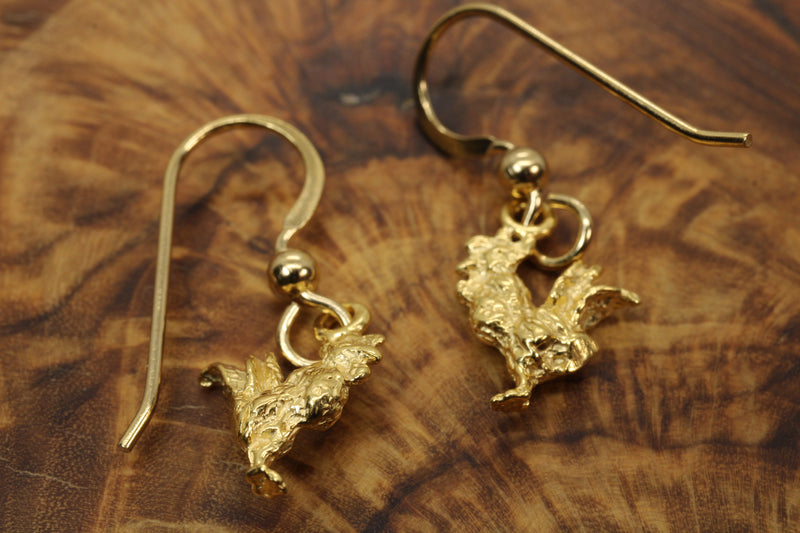 Gold Rooster Chicken Earrings with tiny solid 14kt gold vermeil roosters