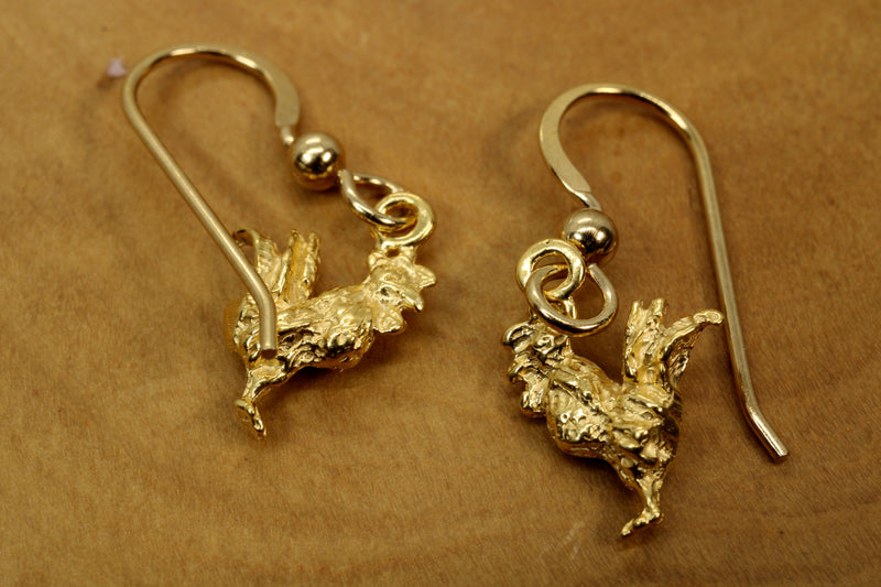 Gold Rooster Chicken Earrings with tiny solid 14kt gold vermeil roosters