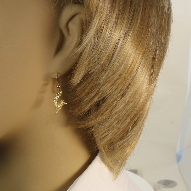Gold Rooster Chicken Earrings with tiny solid 14kt gold vermeil roosters
