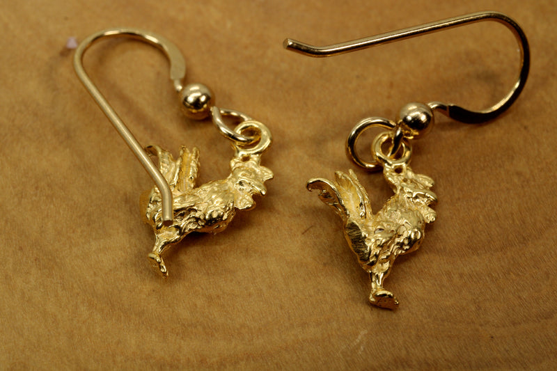 Gold Rooster Chicken Earrings with tiny solid 14kt gold vermeil roosters