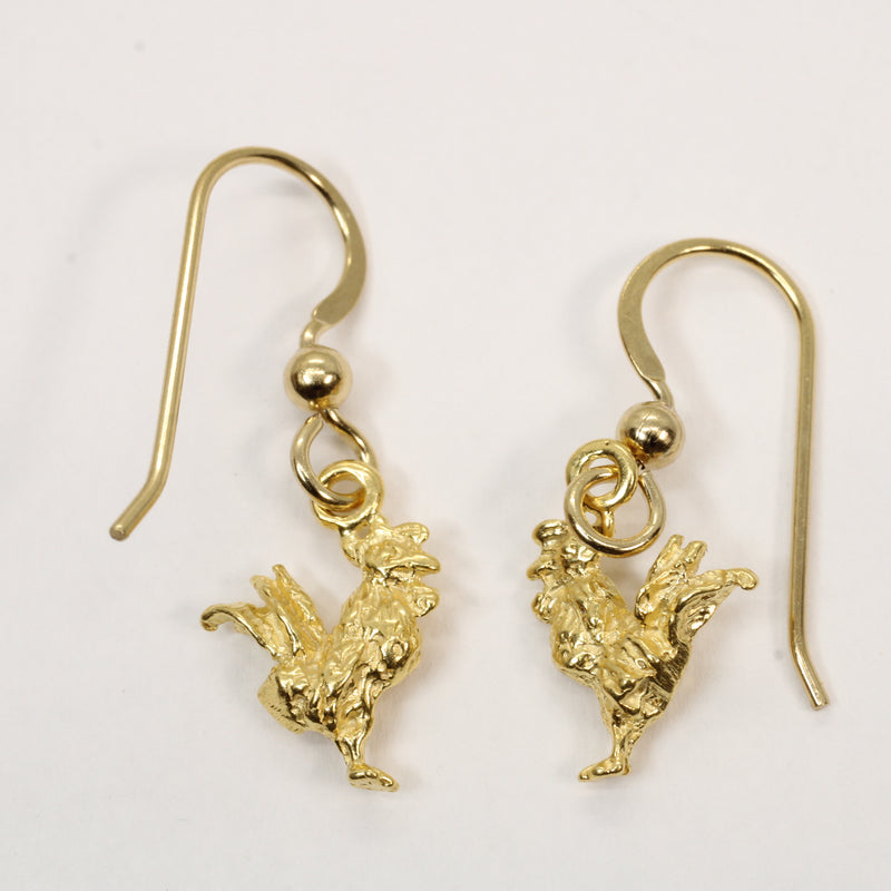 Gold Rooster Chicken Earrings with tiny solid 14kt gold vermeil roosters