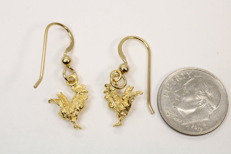 Gold Rooster Chicken Earrings with tiny solid 14kt gold vermeil roosters