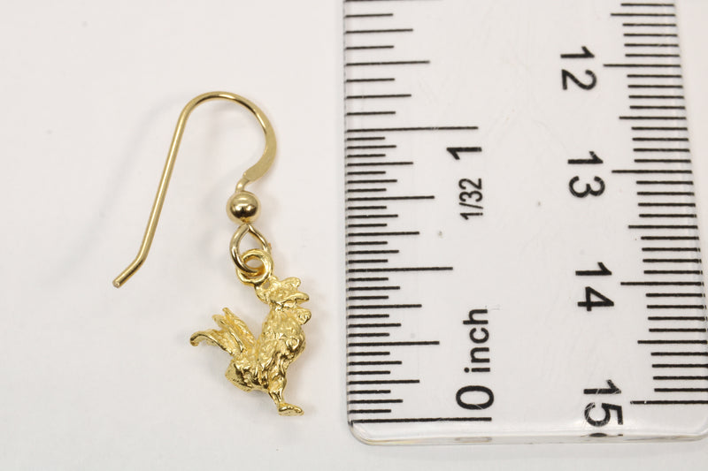 Gold Rooster Chicken Earrings with tiny solid 14kt gold vermeil roosters