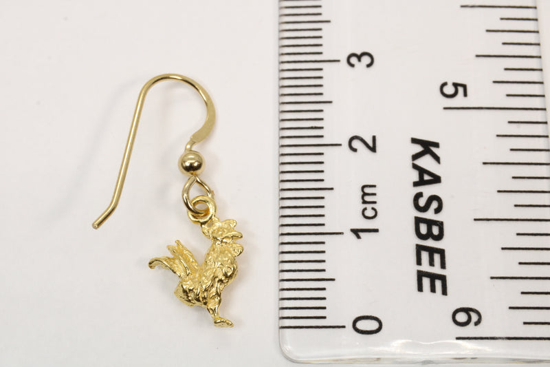 Gold Rooster Chicken Earrings with tiny solid 14kt gold vermeil roosters