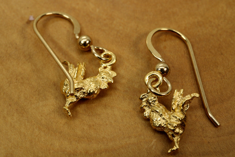 Gold Rooster Chicken Earrings with tiny solid 14kt gold vermeil roosters