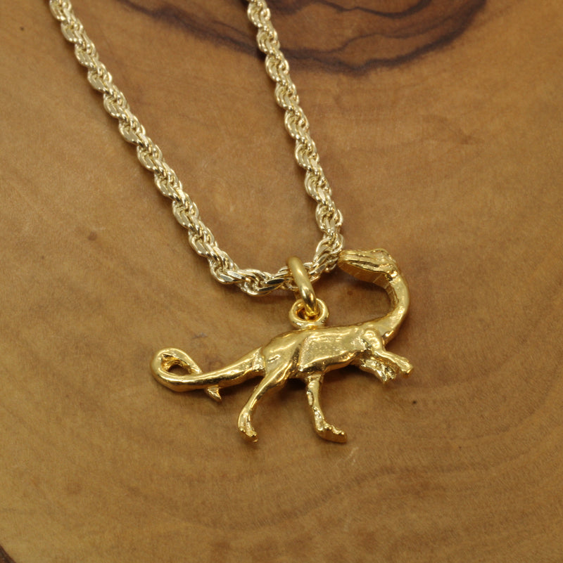 Gold Velociraptor Dinosaur Necklace for him or her made in gold vermeil