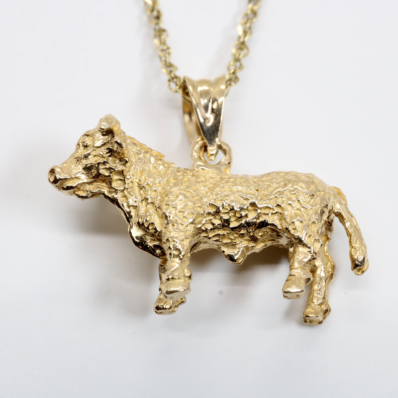 Prize Hereford or Charolais Bull Necklace in Solid 14kt gold for cattle rancher