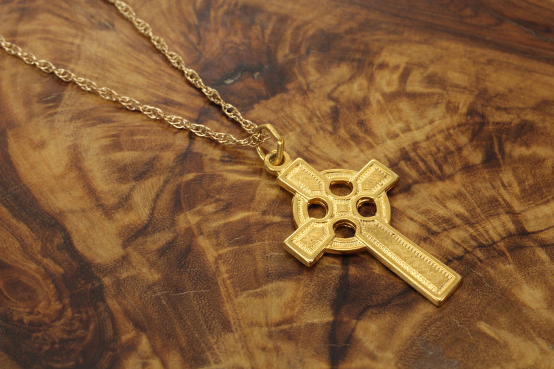 Gold Celtic Cross Necklace in a medium size made in 14kt gold vermeil