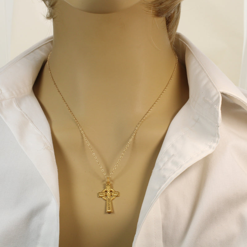 Gold Celtic Cross Necklace in a medium size made in 14kt gold vermeil