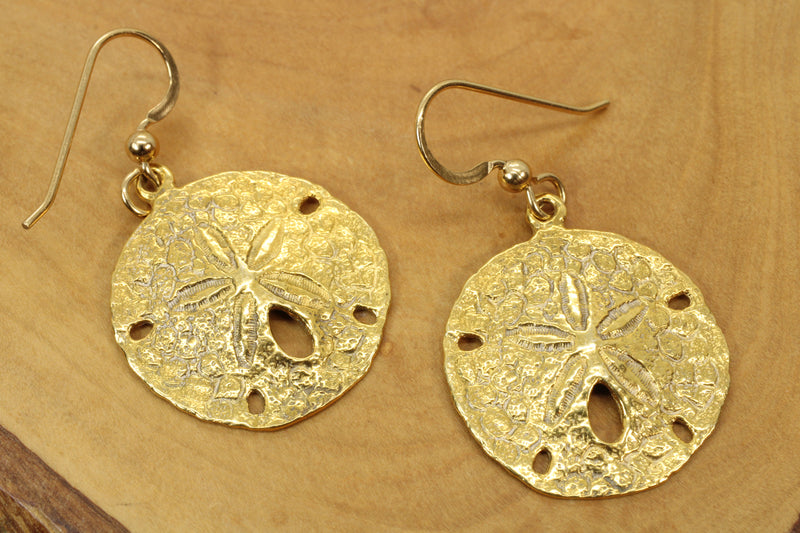 Large Gold Sand Dollar Dangle Earrings for her made in 14kt gold vermeil