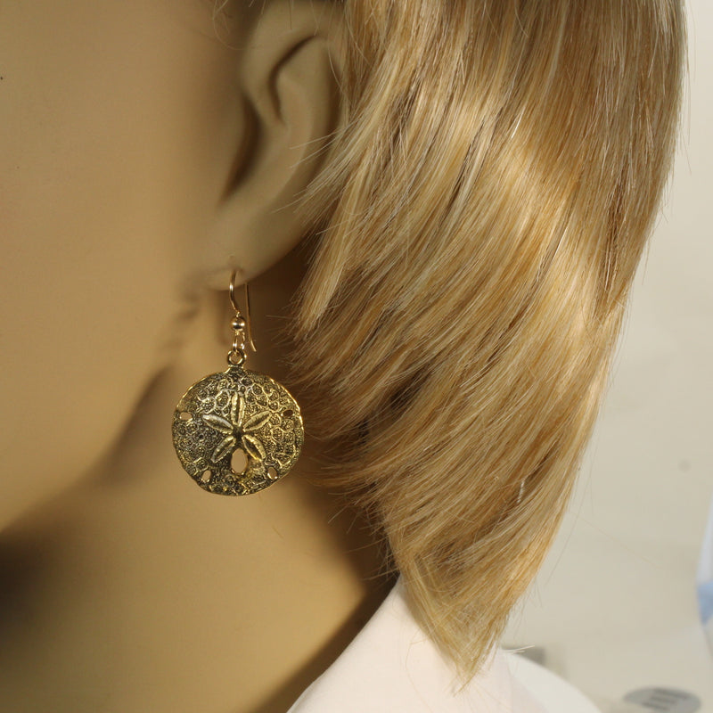Large Gold Sand Dollar Dangle Earrings for her made in 14kt gold vermeil