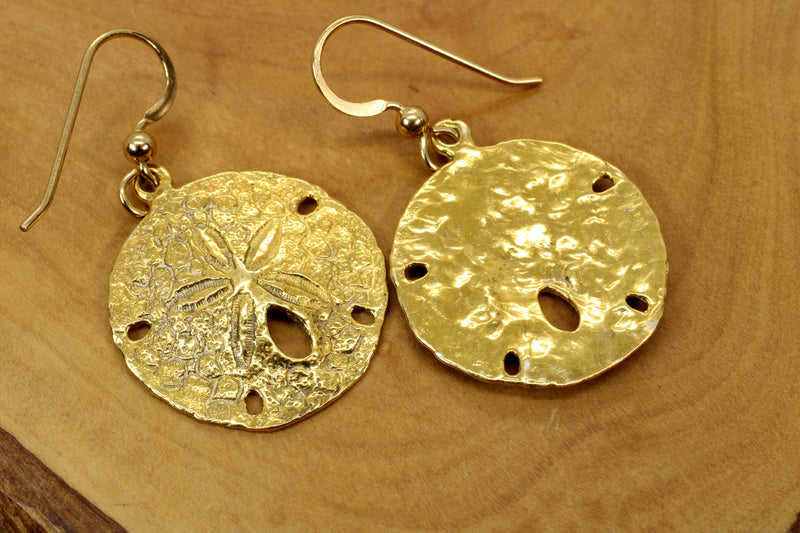 Large Gold Sand Dollar Dangle Earrings for her made in 14kt gold vermeil