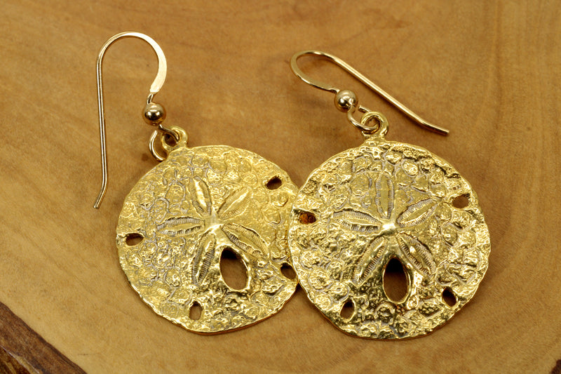 Large Gold Sand Dollar Dangle Earrings for her made in 14kt gold vermeil