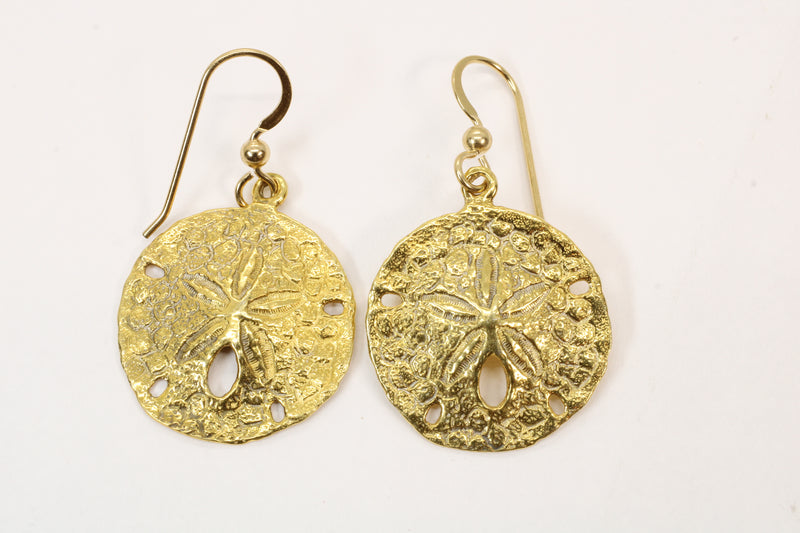 Large Gold Sand Dollar Dangle Earrings for her made in 14kt gold vermeil