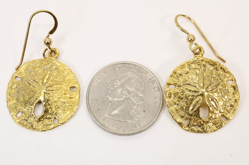 Large Gold Sand Dollar Dangle Earrings for her made in 14kt gold vermeil