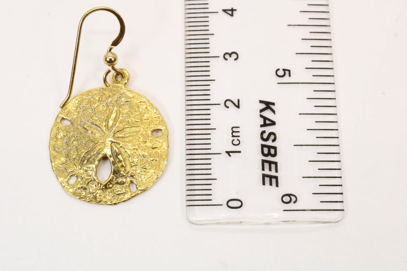 Large Gold Sand Dollar Dangle Earrings for her made in 14kt gold vermeil