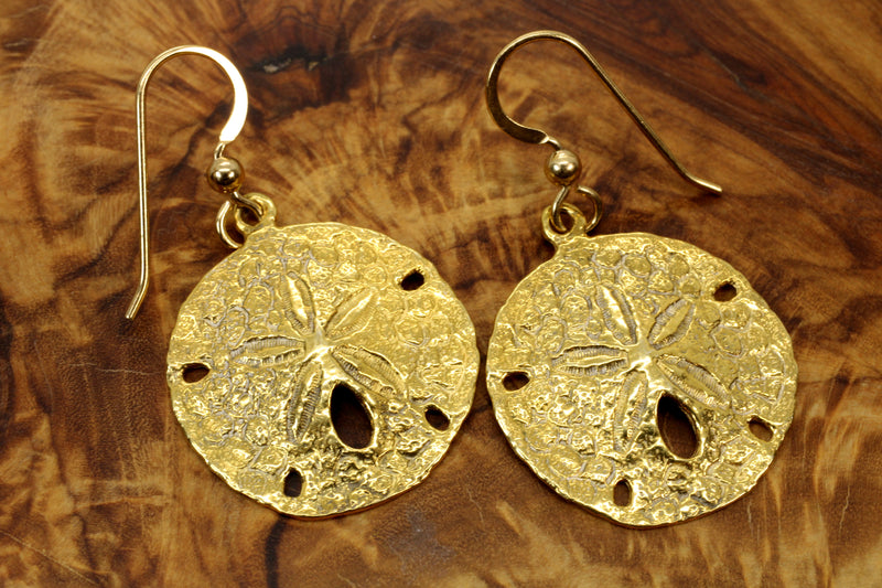 Large Gold Sand Dollar Dangle Earrings for her made in 14kt gold vermeil