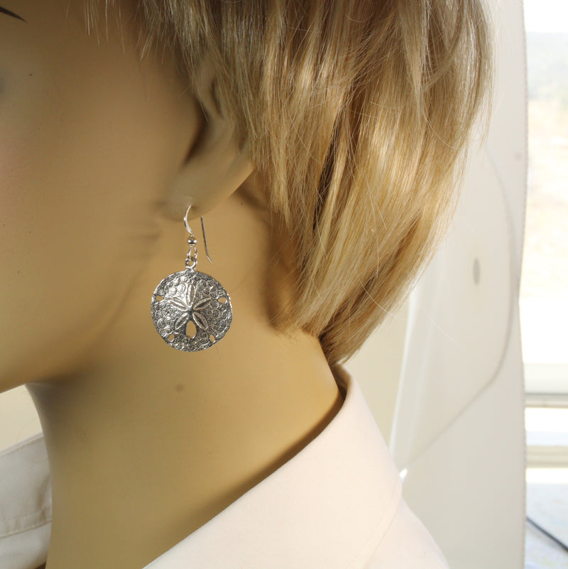 Large Silver Sand Dollar Dangle Earrings for her made in 925 Sterling Silver