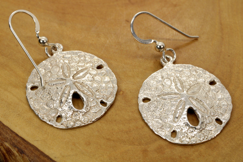 Large Silver Sand Dollar Dangle Earrings for her made in 925 Sterling Silver