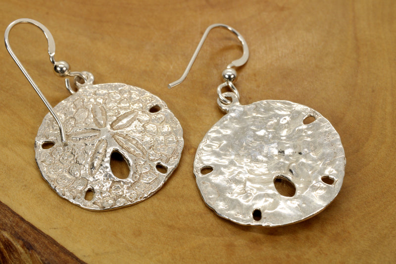 Large Silver Sand Dollar Dangle Earrings for her made in 925 Sterling Silver
