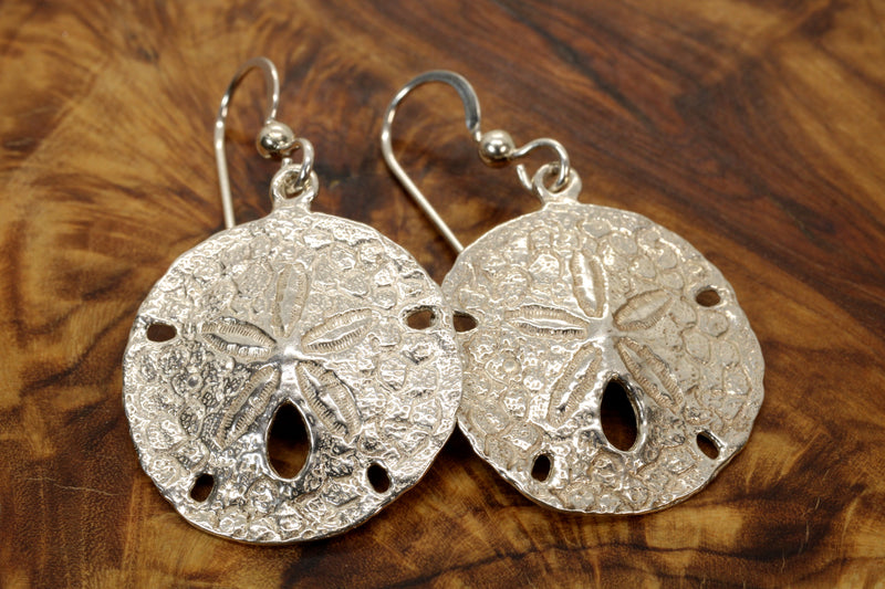 Large Silver Sand Dollar Dangle Earrings for her made in 925 Sterling Silver