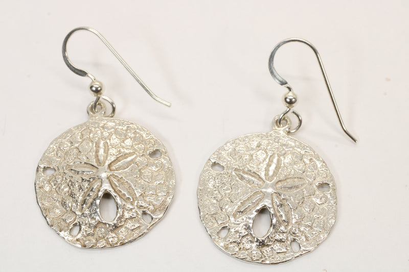 Large Silver Sand Dollar Dangle Earrings for her made in 925 Sterling Silver