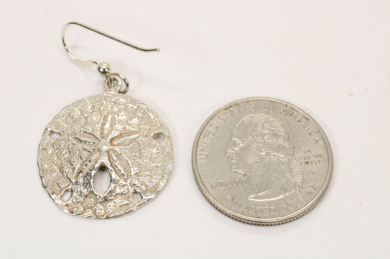Large Silver Sand Dollar Dangle Earrings for her made in 925 Sterling Silver