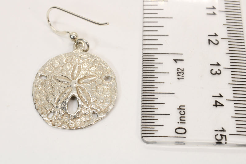 Large Silver Sand Dollar Dangle Earrings for her made in 925 Sterling Silver