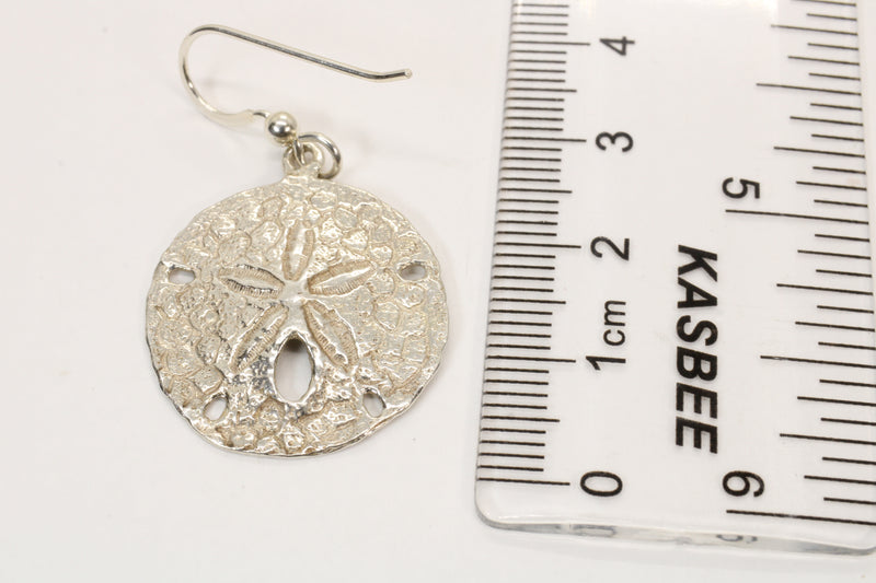 Large Silver Sand Dollar Dangle Earrings for her made in 925 Sterling Silver