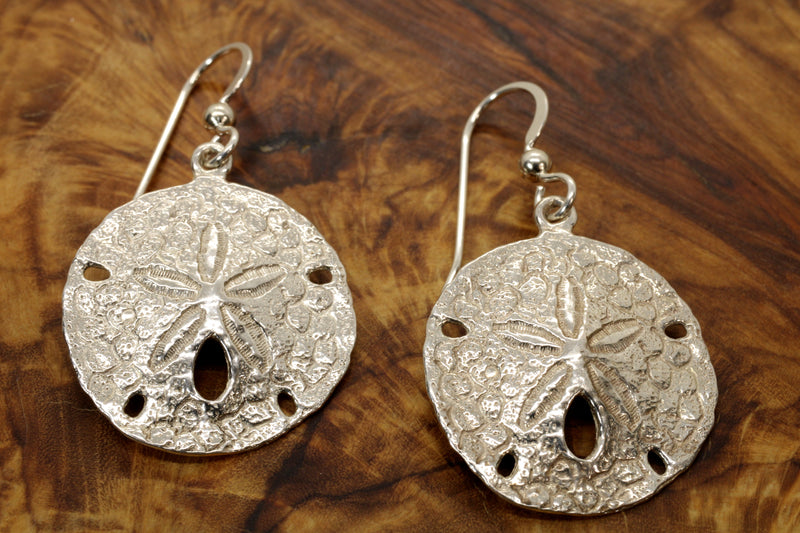 Large Silver Sand Dollar Dangle Earrings for her made in 925 Sterling Silver