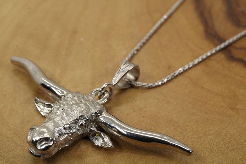 White Gold Longhorn Head Necklace made in solid 14kt white gold