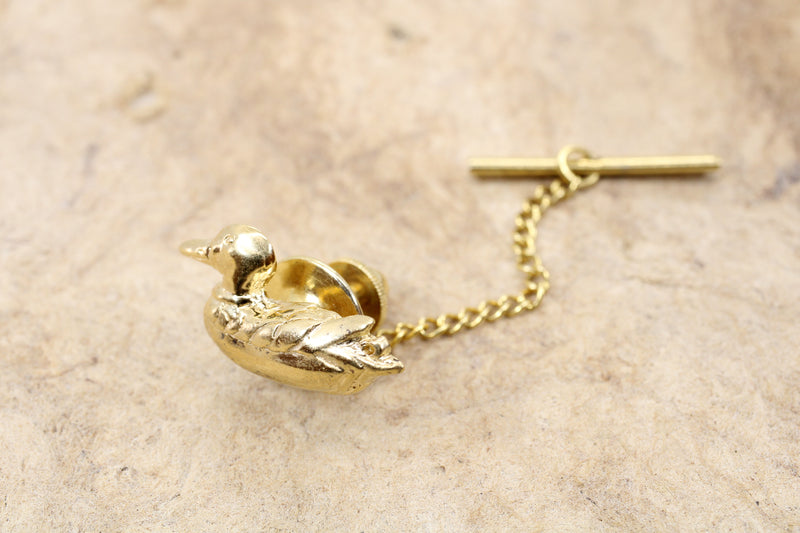 Gold Mallard Duck Tie Tack for him or pin for her made in 14kt gold vermeil