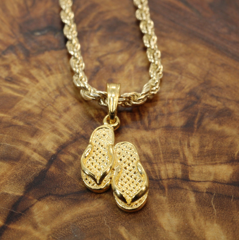 Gold 3-D Pair of Flip Flops Sandals Necklace made in 14kt gold vermeil