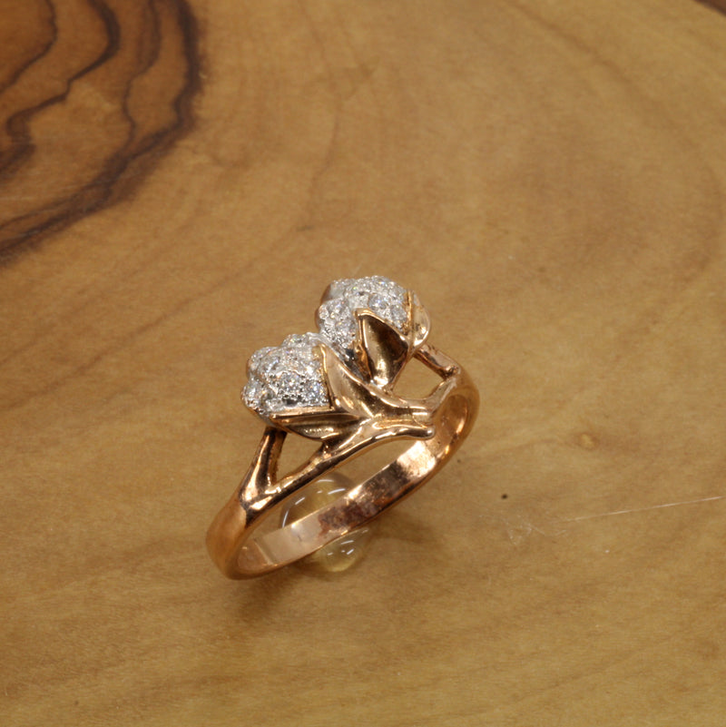 Rose Gold Womans Diamond Cotton Ring with Two Bolls