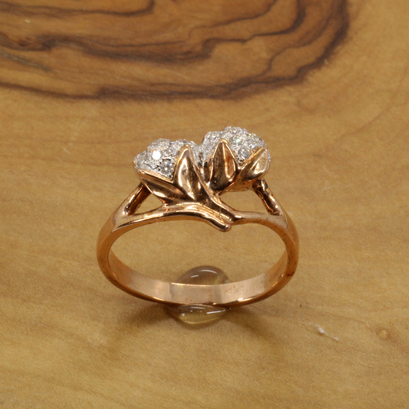 Rose Gold Womans Diamond Cotton Ring with Two Bolls