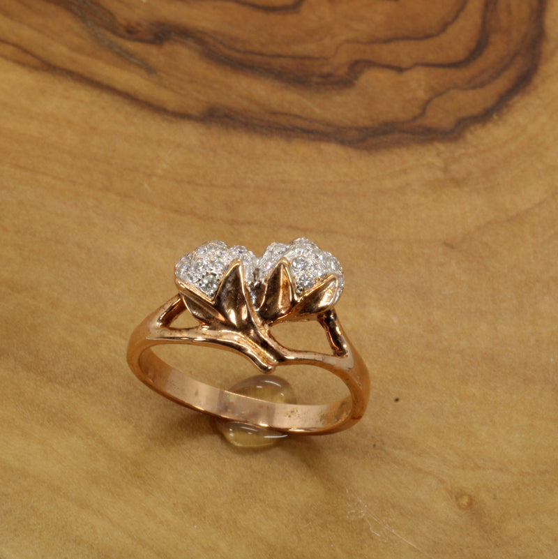 Rose Gold Womans Diamond Cotton Ring with Two Bolls