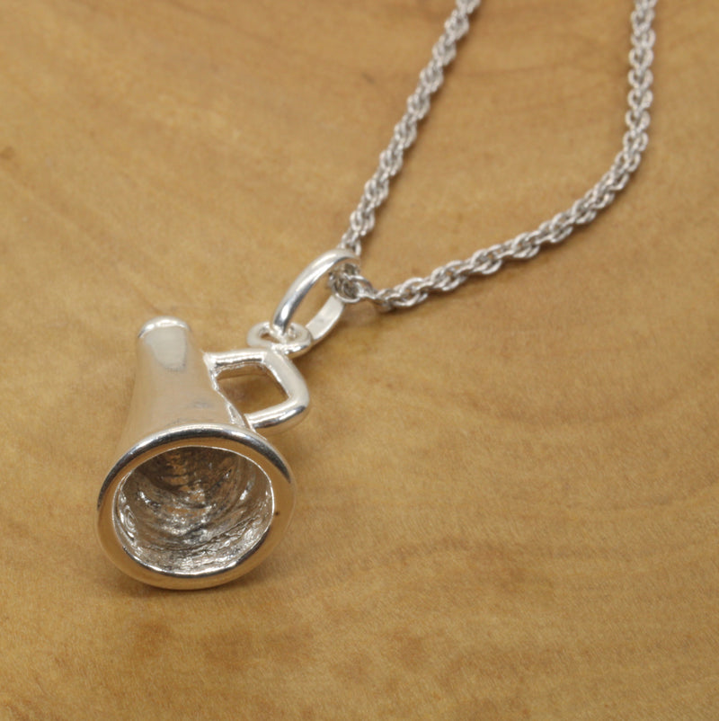 Silver Cheerleader Megaphone necklace made in 925 Sterling Silver