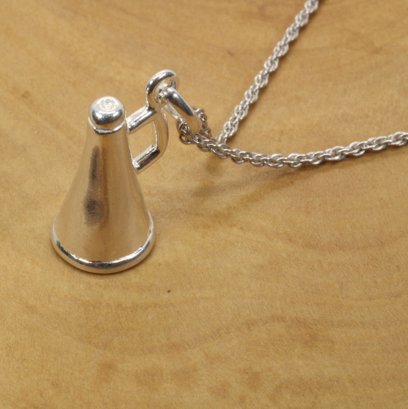 Silver Cheerleader Megaphone necklace made in 925 Sterling Silver